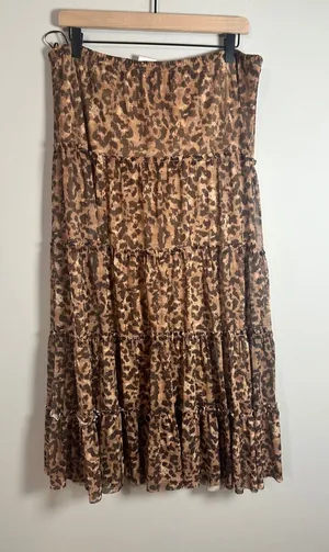 Metro Wear Leopard Print Tiered Maxi Skirt Brown Mesh Ruffle Boho Y2K Large thumbnail 1
