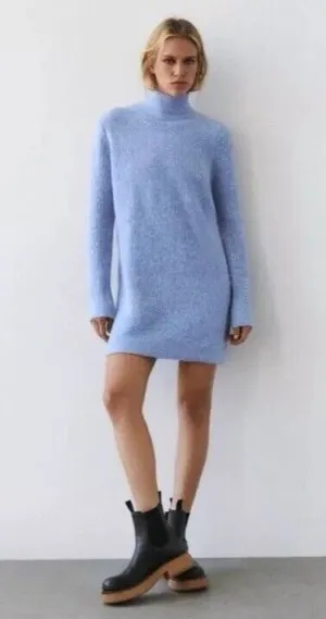 Zara Pullover Knit Ribbed Short Sweater Dress Mock Neck Light Blue Color XS thumbnail 1