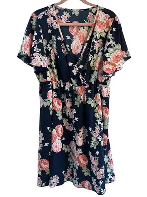 New Floral V-Neck Midi Dress Size 1X (14) Faux Wrap Neckline Flutter Sleeves thumbnail 2