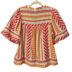 Old Navy‎ Bohemian Red Multi Geometric 100%Cotton Tribal Print Babydoll Top M thumbnail 2