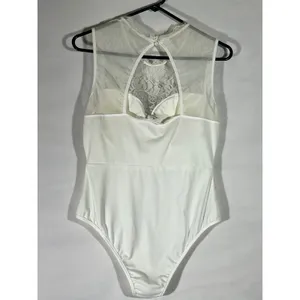 Floral Lace Sheer‎ Mesh High Neck Sleeveless Bodice Bodysuit Women M Ivory Edgy thumbnail 2
