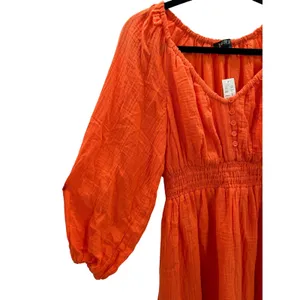 NWT J. Crew Orange Gauze Smocked Waist Midi Maxi Balloon Sleeve‎ Cotton Dress XS thumbnail 6