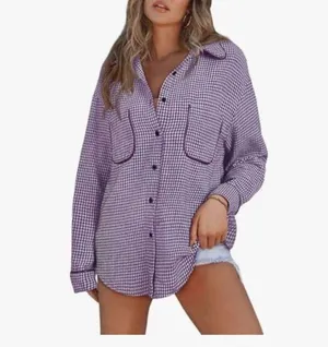 NEW Houndstooth Shacket Jacket Long Sleeve Button Down Shirt XL Purple thumbnail 4