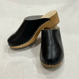 Marcus Black Leather Wooden Swedish Clogs Size 36 thumbnail 11