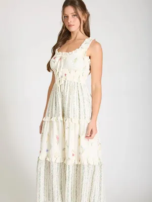 Floral Colorblock Ruffle Tiered Midi Dress Ivory Multi Medium NWT thumbnail 7