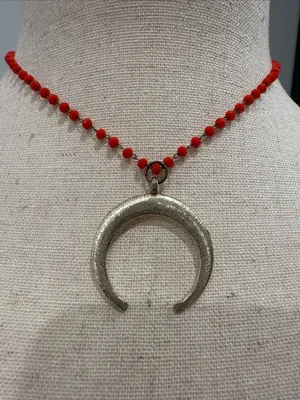 Red Beaded Necklace with Gold Crescent Pendant thumbnail 2