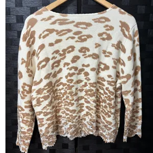 Chico's Cardigan Sweater Cream Tan Leopard Animal Print Lace Trim Casual 2/L thumbnail 3