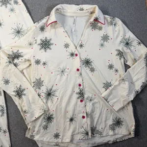 SOMA Women's Small Embraceable Pajama Set Long Sleeve Cream Snowflake Winter thumbnail 3