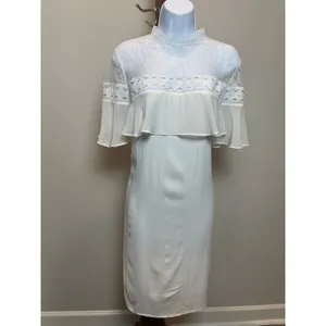 Express Dress Cream Lace Mock Neck Ruffle Feminine Size L thumbnail 2
