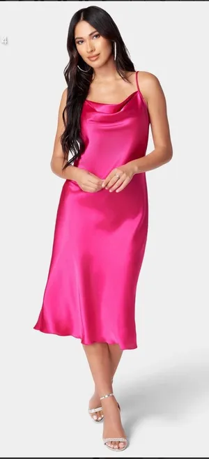 Bebe Women's Satin Cowl Neck Slip Midi Dress Fuchsia‎ Pink Size Medium thumbnail 1