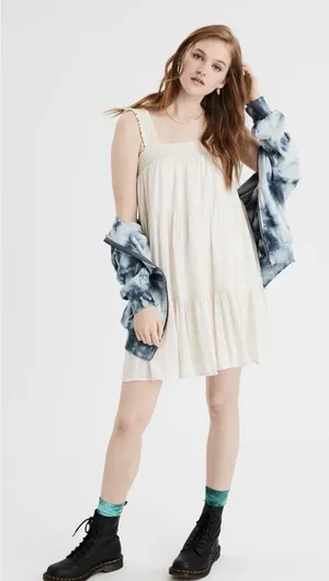 American Eagle Ivory Babydoll Dress with Smocked Bodice Size XS Lined boho style thumbnail 1