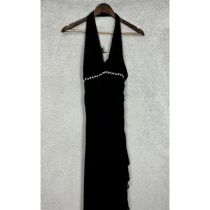 Cache Halter Maxi Dress‎ Womens 2 Black Rhinestone Ruched Y2K Formal Prom Gown thumbnail 3