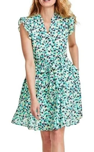 On 34th Floral‎ Flutter Sleeve Dress Womens XS Green White Mini Belted Pockets thumbnail 1