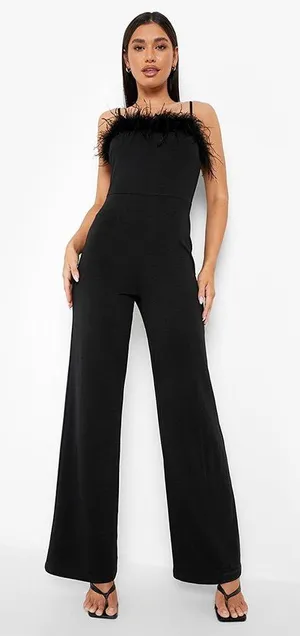 BooHoo Black Feather Strappy Wide Leg Jumpsuit thumbnail 1