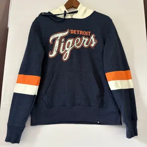47‎ Brand Detroit Tigers MLB Hoodie Navy Blue Orange Stripe Fleece Sweatshirt S thumbnail 1