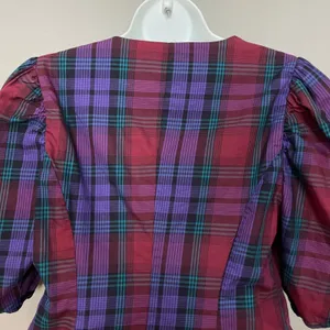 Zara Plaid Puff Sleeve Blouse‎ Women Size Medium Purple Red V-Neck Button Front thumbnail 8