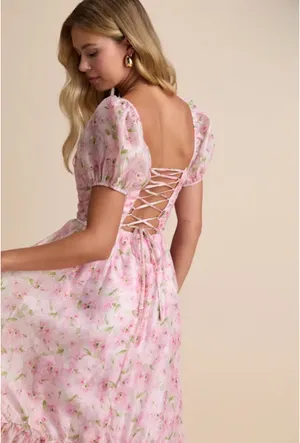 Lulus Sincerely Wondrous Pink Floral Puff Sleeve Tiered Midi Dress thumbnail 3