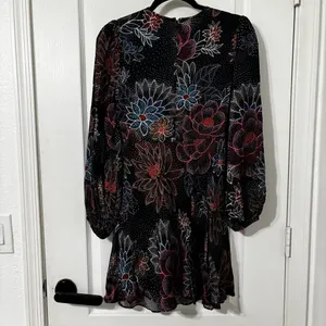 Farm Rio Sparkle Flowers Mini Dress Floral Print Circle Cut-Out Size XS thumbnail 5