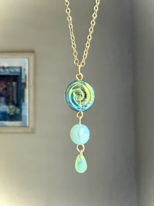 Handmade Czech glass teardrop & swirl gold tone stainless necklace🍃🌀 thumbnail 1