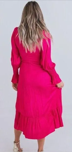Karlie Solid Smock Neck Midi Dress Size Medium Pink Magenta NEW Satin Thigh Slit thumbnail 2