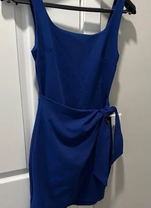 Blue Ribbed Tie Front Sheath Dress for Cocktail thumbnail 1