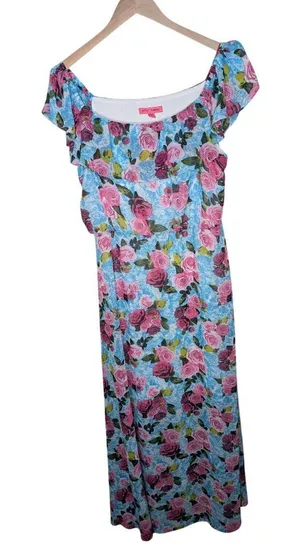 Betsey Johnson Floral Maxi Dress Off-Shoulder Ruffle Sleeves Pink Blue Size 14 thumbnail 1