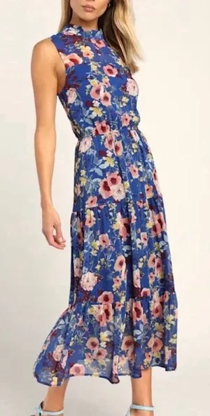 Lulus In My Dreams Blue Floral Sleeveless Chiffon Midi Dress LARGE Wedding thumbnail 1
