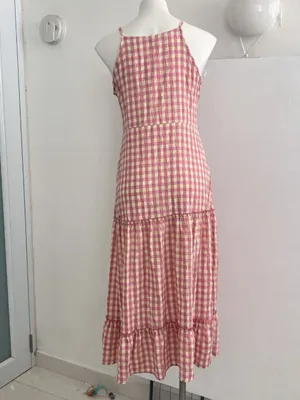 Nanette Lepore Gingham Plaid Crinkle Tiered Midi Dress 10 Pink Yellow NWOT thumbnail 4