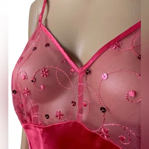 Pink Plus Size Sheer Mesh Sequin Embroidered Cutesy Floral Satin Mini Slip Dress thumbnail 2