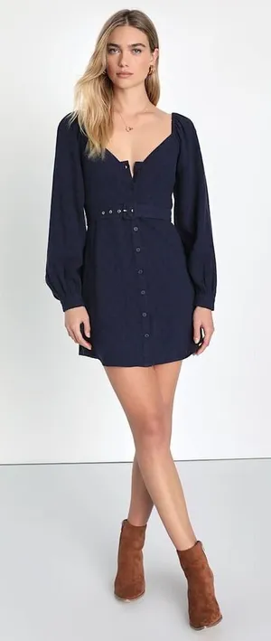 ✨Lulus Ideal Impression Navy Blue Balloon Sleeve Mini Sz Medium Dress✨ thumbnail 1