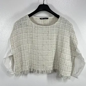 Zara Tweed Fringe Boxy Crop Top White Black Check Balloon‎ Sleeve Blouse XL New thumbnail 3