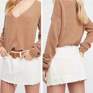 We The Free People Two Toned Patched Up White Cream Raw Hem Denim Skirt 29 thumbnail 3
