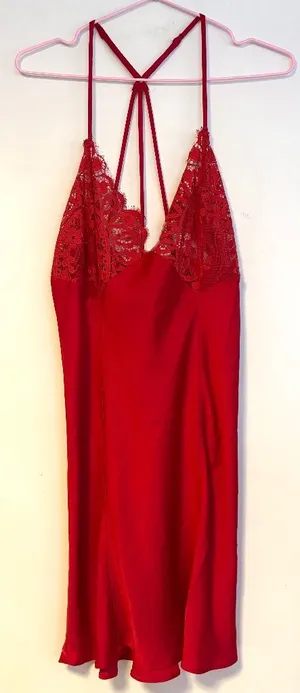 Jezebel Silky Satin Lace Sheer Sexy Lingerie Slip Mini Dress Red Womens Large thumbnail 1