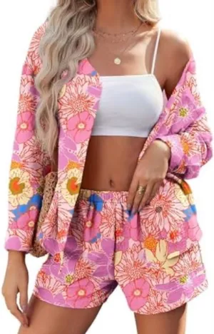 Ekouaer Pink Tropical Floral Button Up Shorts Two Piece Set L thumbnail 1