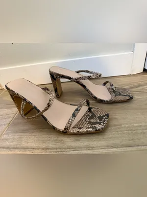 Snake-Print Strappy Block Heel Sandals in Beige/Black thumbnail 2