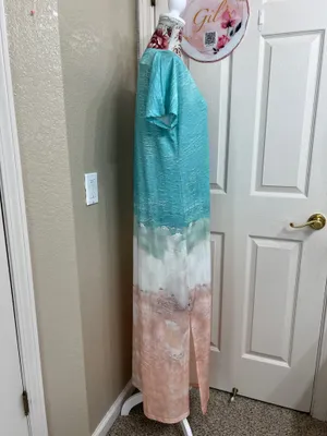 V-Neck Ombre Beach Maxi Cover-Up in Turquoise and Peach thumbnail 3