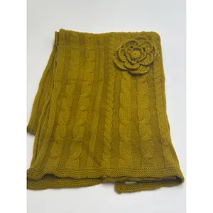 Mud Pie Scarf Womens Chartreuse Green Cable Knit Rosette Flower 60 x 18 thumbnail 2