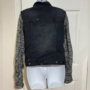 Free People Black Distressed Denim‎ Jacket with Knit Sleeves size M thumbnail 5