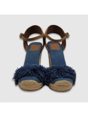 Tory Burch Wedge Espadrille Shaw Blue Denim Fringe Ankle Strap Sandals Size 8.5 thumbnail 2