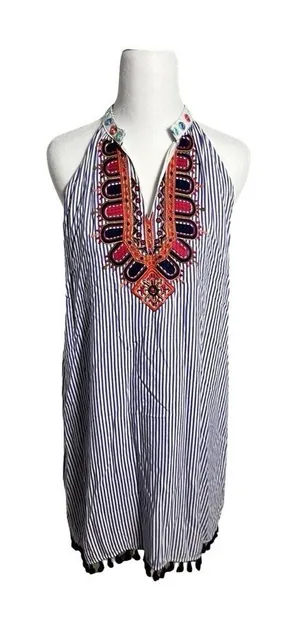 THML Blue White Striped Embroidered Halter Mini Dress Tassel Hem‎ Large thumbnail 1