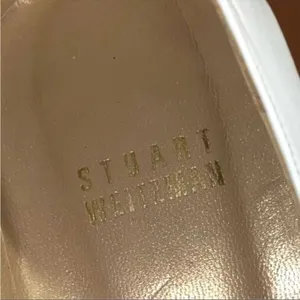 Stuart Weitzman luxury brand white leather heels with peekaboo design! thumbnail 10