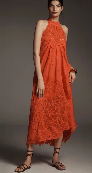 Anthropologie Orange Eyelet Lace Halter Maxi Dress‎ boho Open Back NWT Size L thumbnail 1