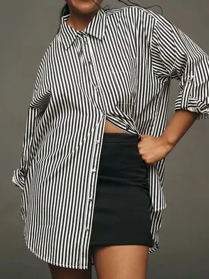 MAEVE 100% Cotton Bennet Stripe Buttondown Shirt in green and white thumbnail 2