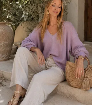 Pilcro Purple Balloon Sleeve Fluffy Sweater V Neck Womens M Oversized Boho Fall thumbnail 1