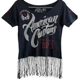 Affliction American Custom Rhinestone Fringe Tee Shirt Small Y2K Moto Biker Glam thumbnail 1