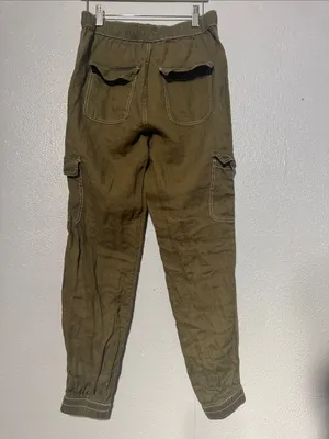 Nicole Miller Linen Cargo Jogger Pants Olive Green Sz S European Flax Contrast thumbnail 3