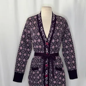 COSY WOOL‎ by Elson Purple Geometric Cardigan Sweater Belted Tie Waist Size 38 thumbnail 3