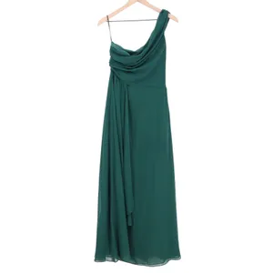 Maxi Bridesmaid Dress Womens Sage Green Pleated One Shoulder Front Slit thumbnail 2