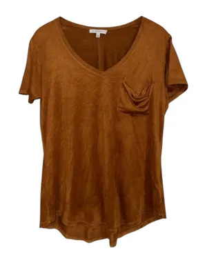 Another Love Womens V-Neck Faux Suede Pocket T-Shirt‎ Cognac Brown VCKN1000S2TBC thumbnail 1