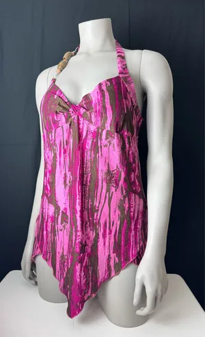 Y2K Pink & Brown Abstract Brushstroke Print Halter Top thumbnail 1